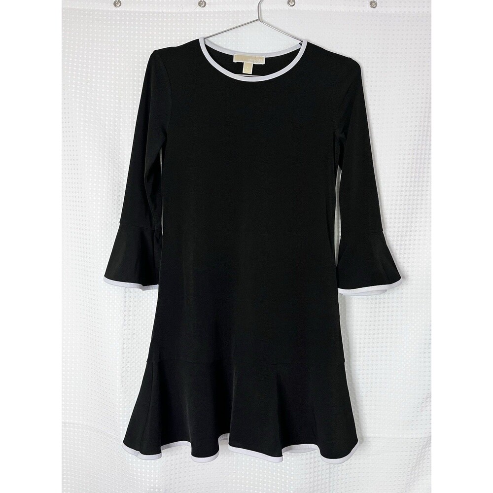 Michael Kors Black Ruffle Hem Dress Petite P Flounce Sleeve Trim Fit & Flare